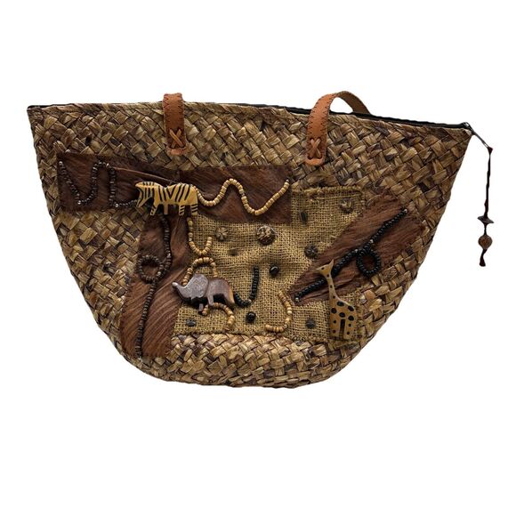 Handbags - African Style Wicker Hand Bag Purse - With Animal Decor
